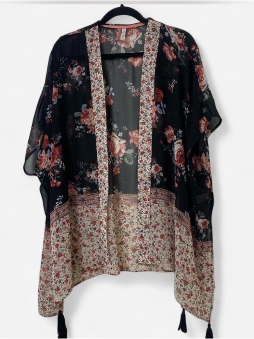 Xhilaration Black Floral Open-Front Kimono with Rose Accents